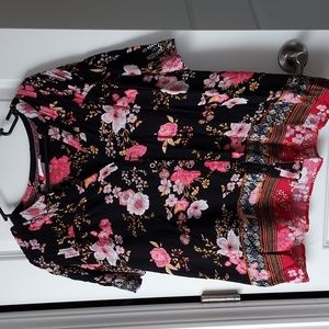 Knox Rose XXL short sleeve button down top/blouse black w/floral print